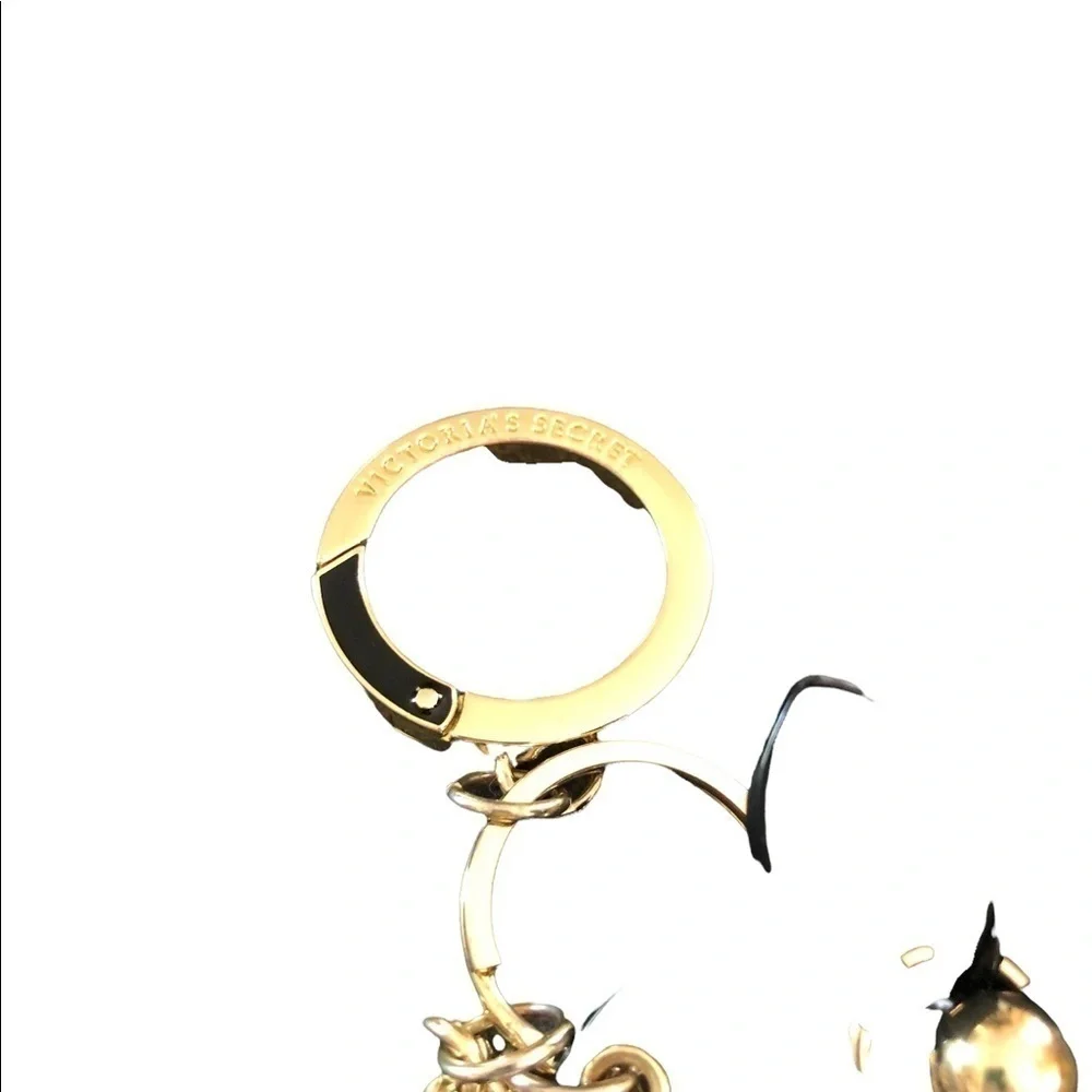 Victoria’s Secret Black White Faux Leather Vegan Floral Keychain Gold Clip